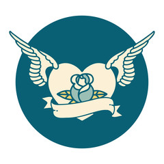 tattoo style icon of a flying heart with flowers and banner