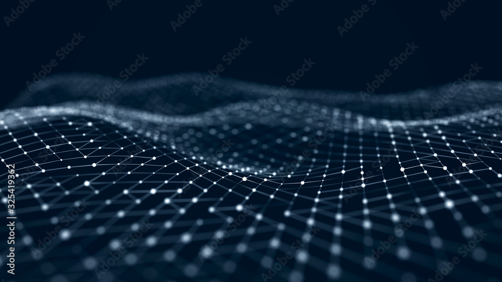 Aufkleber Big data visualization. Wave with the connection of luminous points and lines. 3D rendering.