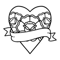 black line tattoo of a heart and banner with flowers