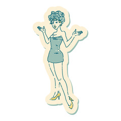 distressed sticker tattoo style icon of a pinup girl in towels
