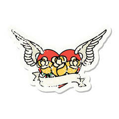 traditional distressed sticker tattoo of a flying heart with flowers and banner