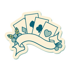 tattoo style sticker of cards and banner with flowers