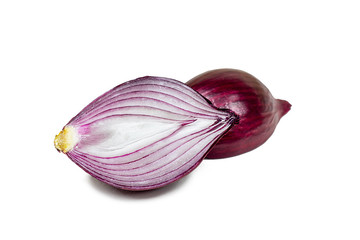 Fresh raw red sliced onion bulb isolated on white background.