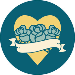 tattoo style icon of a heart and banner with flowers