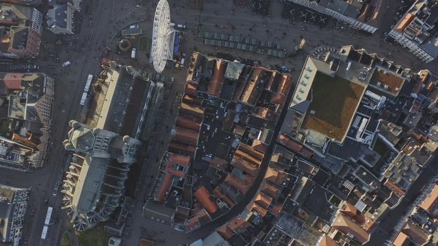 Ghent Belgium Aerial v10 Vertical view flying over downtown and canal neighborhood shops area - November 2019