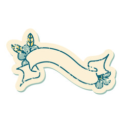 distressed sticker tattoo style icon of a banner and flowers