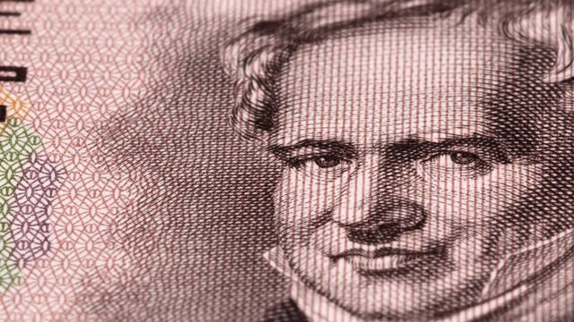 Alexander von Humboldt portrait on East German 5 mark (1964) banknote tracking. Dolly shot. Low angle, macro. 4K