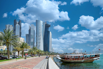 Looking across west Bay in Doha Qatar - obrazy, fototapety, plakaty