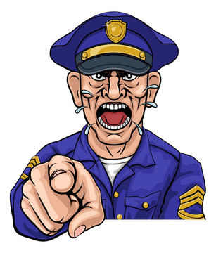 An angry policeman police officer pointing at the viewer and shouting cartoon