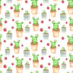 Watercolor seamless pattern with cacti in pots isolated on white background. Cute watercolor rint with cacti for children's wallpapers, textiles, wrapping paper or cute stationery.