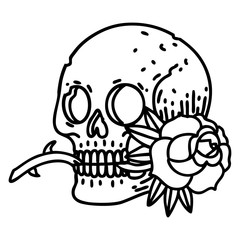 black line tattoo of a skull and rose