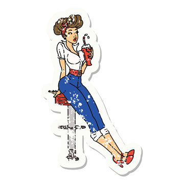 distressed sticker tattoo of a pinup girl drinking a milkshake