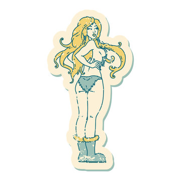 distressed sticker tattoo style icon of a pinup viking girl