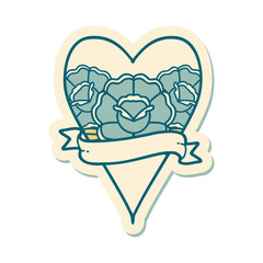 tattoo style sticker of a heart and banner with flowers