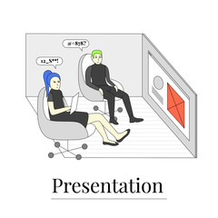 Office presentation scene. Businesswoman and businessman analyzing information slides. Vector Eps 10.