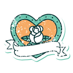 distressed sticker tattoo style icon of a heart rose and banner