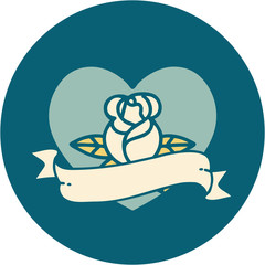 tattoo style icon of a heart rose and banner