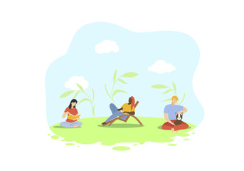 Obraz na płótnie Canvas People Have Rest Outdoors Flat Isolated Illustration. Hobbies and Activities on Nature. White Man Sitting with Dog, Caucasian Woman Reading Book, Afro American Lady Lying on Wood Chair. Vector Cartoon