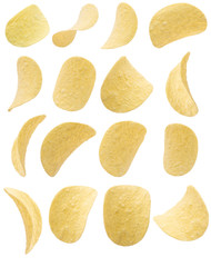 Potato chips isolated on a white background. Collection.
