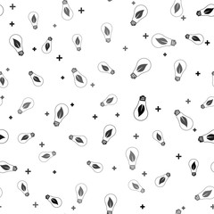 Black Light bulb with leaf icon isolated seamless pattern on white background. Eco energy concept. Vector Illustration