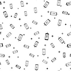 Black Smartphone battery charge icon isolated seamless pattern on white background. Phone with a low battery charge and with USB connection. Vector Illustration