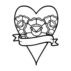 black line tattoo of a heart and banner with flowers