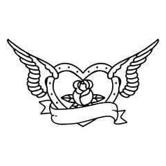 black line tattoo of a flying heart with flowers and banner
