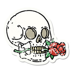 traditional distressed sticker tattoo of a skull and rose