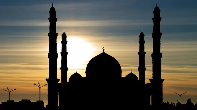 Nur Sultan; Beautiful Hazrat Sultan Mosque Time Lapse at Sunset, Kasakhstan