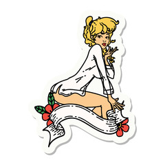 tattoo style sticker of a pinup girl wearing a shirt with banner