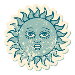 distressed sticker tattoo style icon of a sun with face