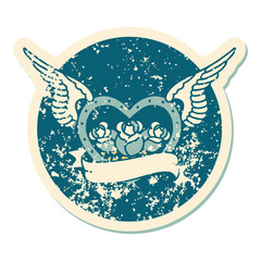 distressed sticker tattoo style icon of a flying heart with flowers and banner