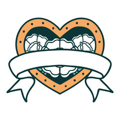 tattoo style icon of a heart and banner with flowers