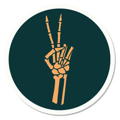 tattoo style sticker of a skeleton hand giving a peace sign
