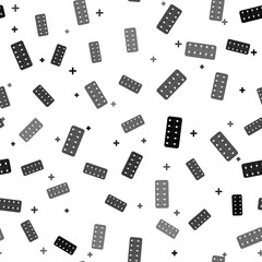 Black Pills in blister pack icon isolated seamless pattern on white background. Medical drug package for tablet: vitamin, antibiotic, aspirin. Vector Illustration
