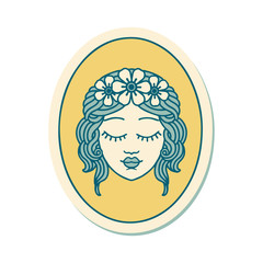 tattoo style sticker of a maiden with eyes closed