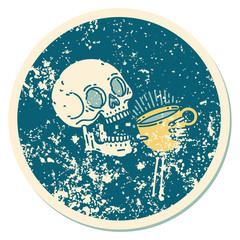 distressed sticker tattoo style icon of a skull drinking coffee