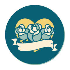 tattoo style sticker of a heart and banner with flowers