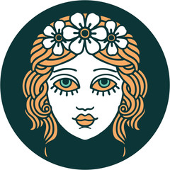 tattoo style icon of female face with crown of flowers