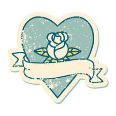 distressed sticker tattoo style icon of a heart rose and banner