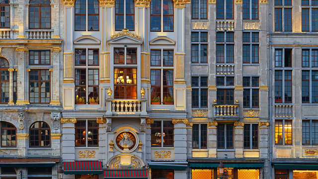 Row of old beautiful stone buildings facades on Grand Place square in Brussels, Belgium.