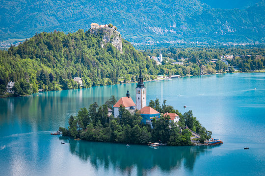 Lake Bled in Slovenia with an island with a church in the centre 