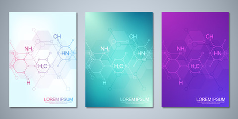 Fototapeta na wymiar Template brochure or cover design, book, flyer with abstract chemistry background and chemical formulas. Concept and idea for science and innovation technology.