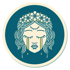 tattoo style sticker of female face crying with third eye
