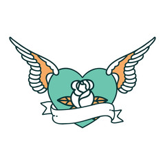tattoo style icon of a flying heart with flowers and banner