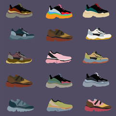 Modern fashionable sneakers on a white background seamless pattern. Vector hand drawn illustration. All objects are grouped and isolated.