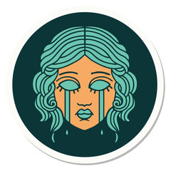 tattoo style sticker of female face crying