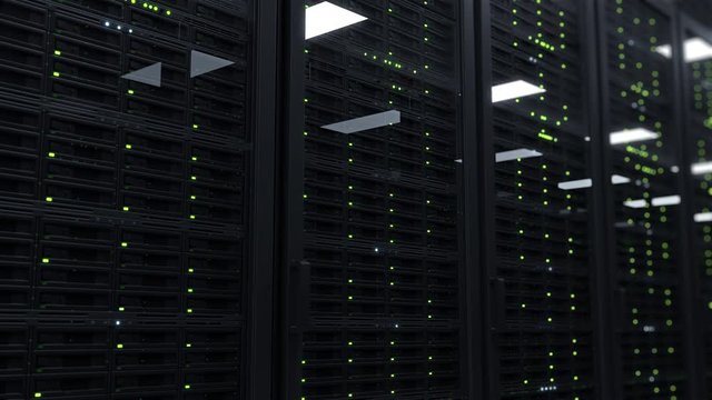 Data center with working rack servers that are used for big data and cloud computing services. Perfect to use as a technology, futuristic or IT background. Closeup dolly shot. 3D animation. 4K