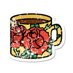 traditional distressed sticker tattoo of a cup and flowers