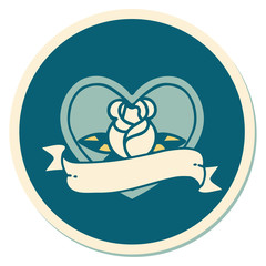 tattoo style sticker of a heart rose and banner